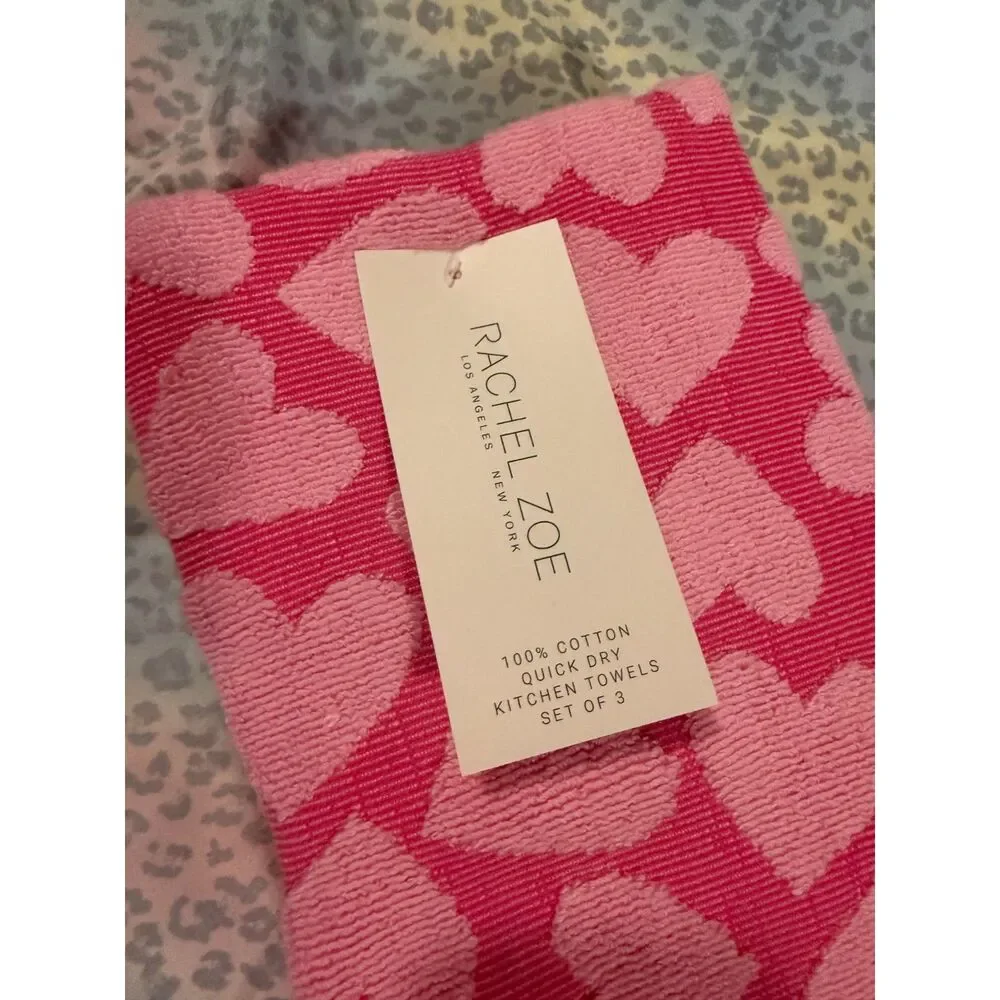 Rachel Zoe Pink Heart Kitchen Towels Set of 3 x 100% Cotton Quick Dry NWT